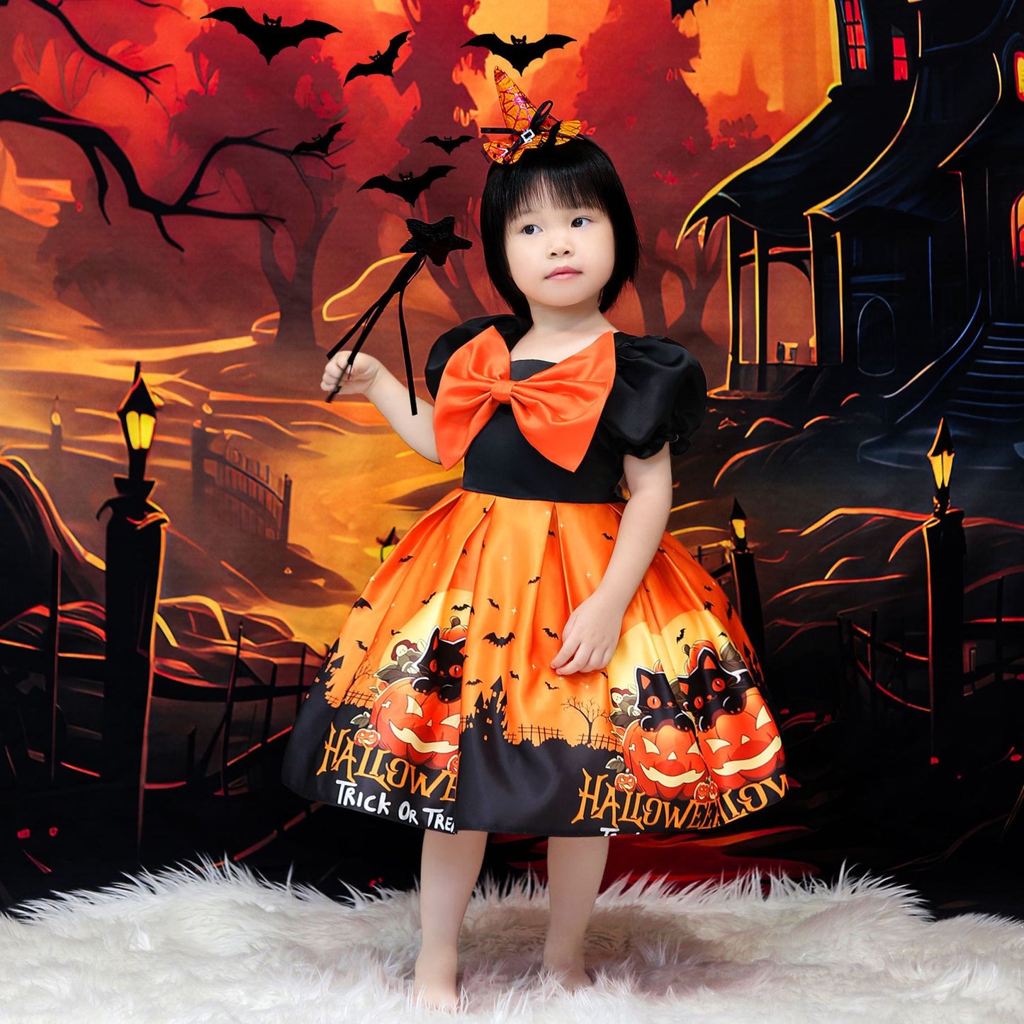 Orange Princess Halloween Costume Dress for Girls – Satin Bow Ruffle Party Outfit