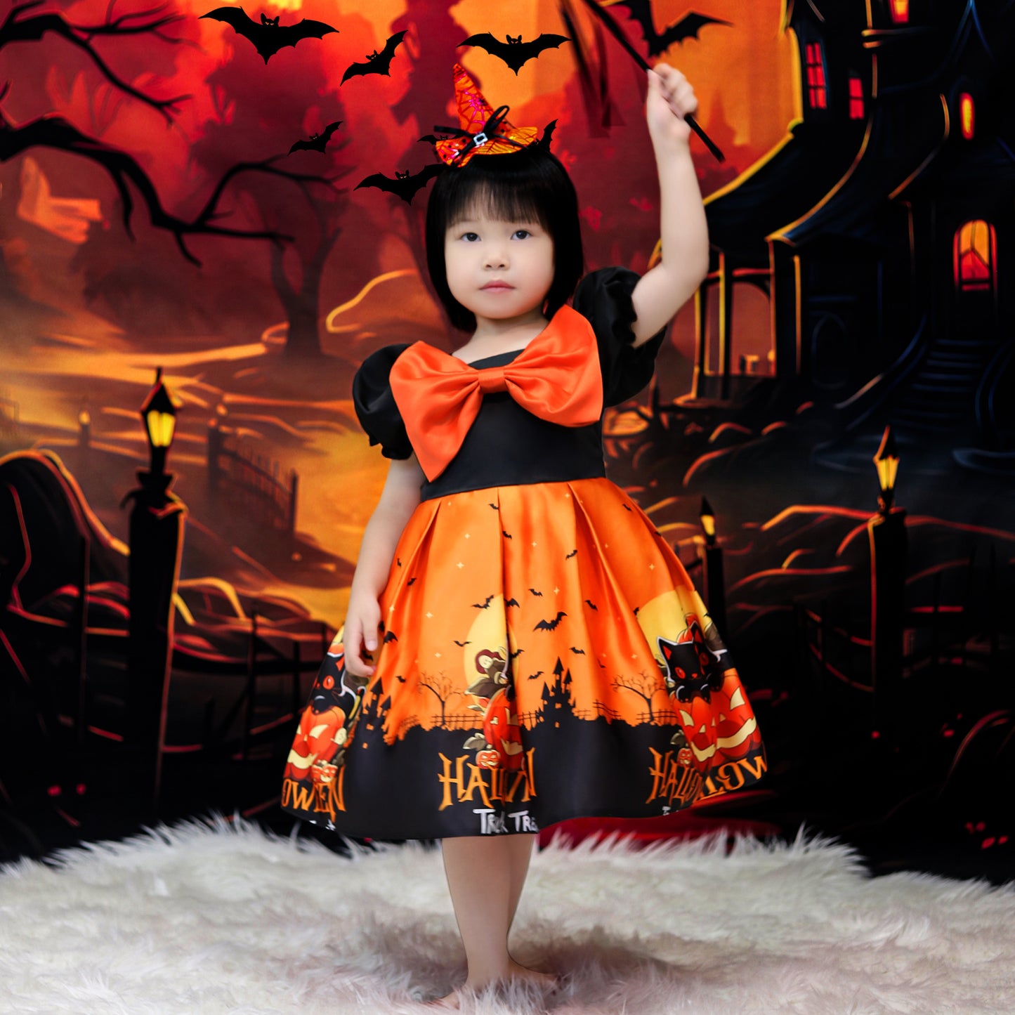 Orange Princess Halloween Costume Dress for Girls – Satin Bow Ruffle Party Outfit