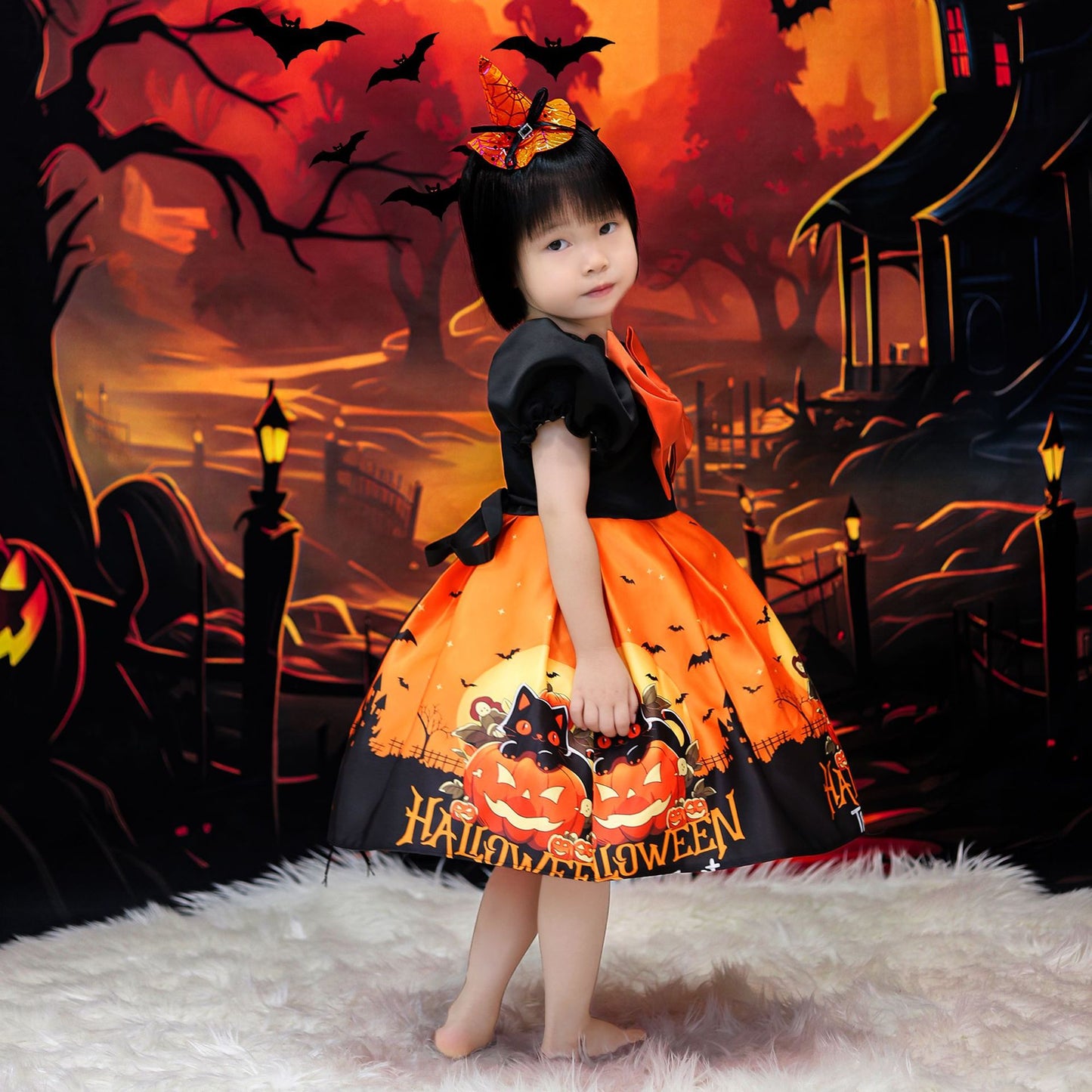 Orange Princess Halloween Costume Dress for Girls – Satin Bow Ruffle Party Outfit