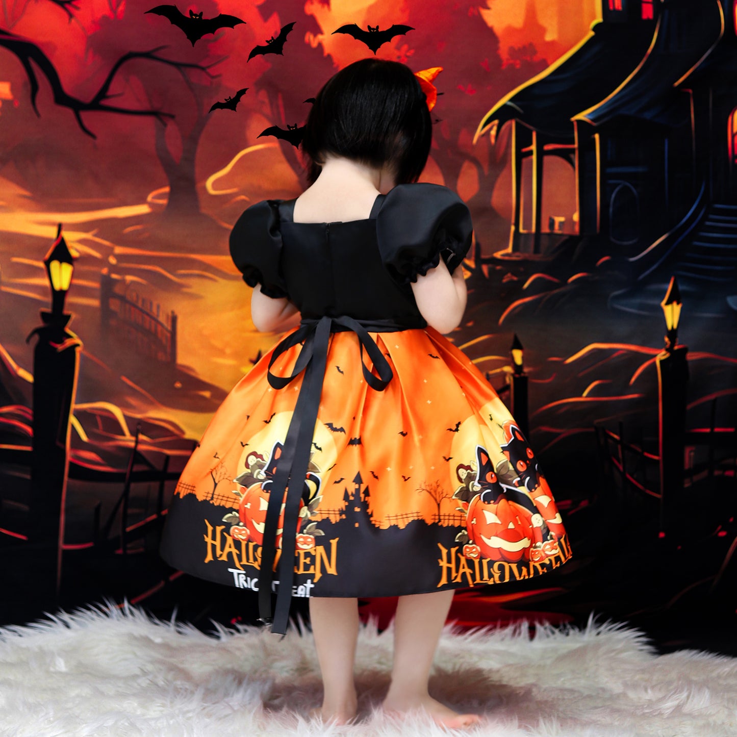Orange Princess Halloween Costume Dress for Girls – Satin Bow Ruffle Party Outfit