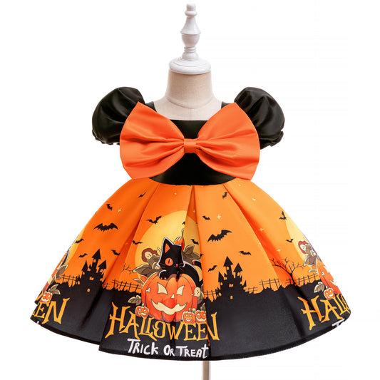 Orange Princess Halloween Costume Dress for Girls – Satin Bow Ruffle Party Outfit