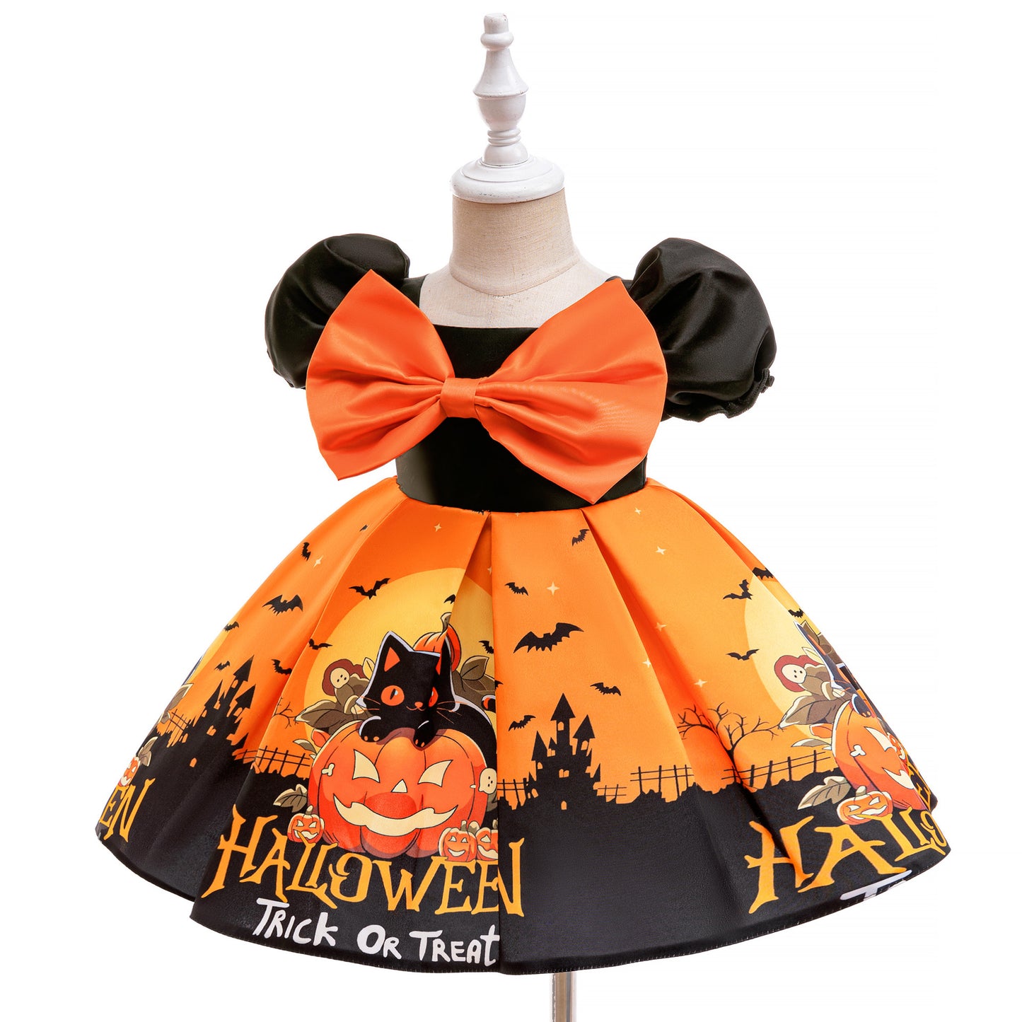 Orange Princess Halloween Costume Dress for Girls – Satin Bow Ruffle Party Outfit