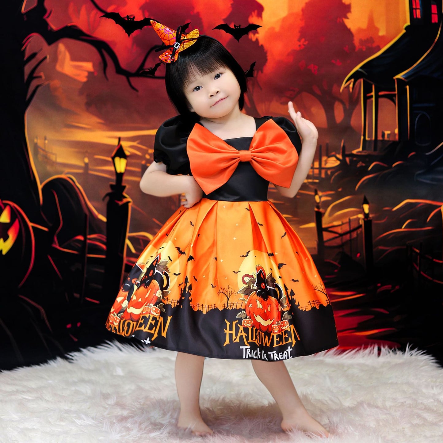 Orange Princess Halloween Costume Dress for Girls – Satin Bow Ruffle Party Outfit