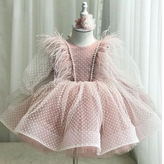 Pink A-Line Beaded Tulle Girls' Dress – Birthday & Party Flower Girl Outfit