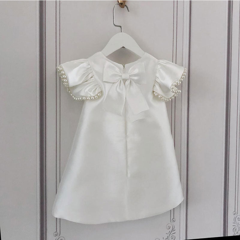 A-Line White Satin Beaded Toddler Dress – Flower Girl & Baptism Special Occasion