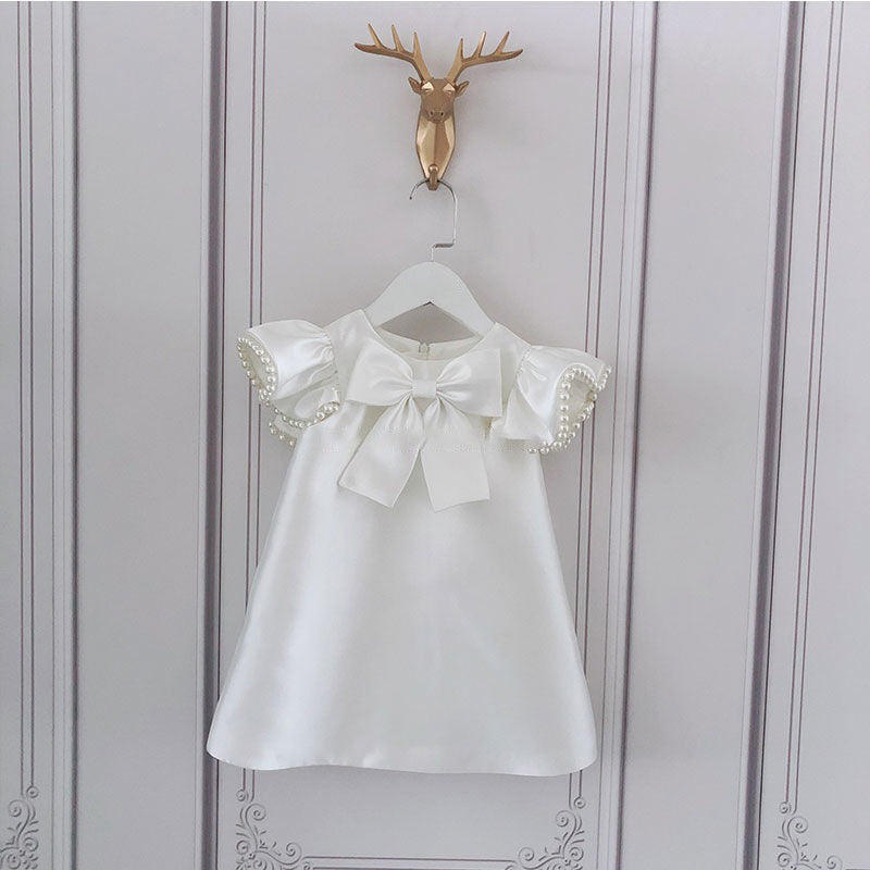 A-Line White Satin Beaded Toddler Dress – Flower Girl & Baptism Special Occasion