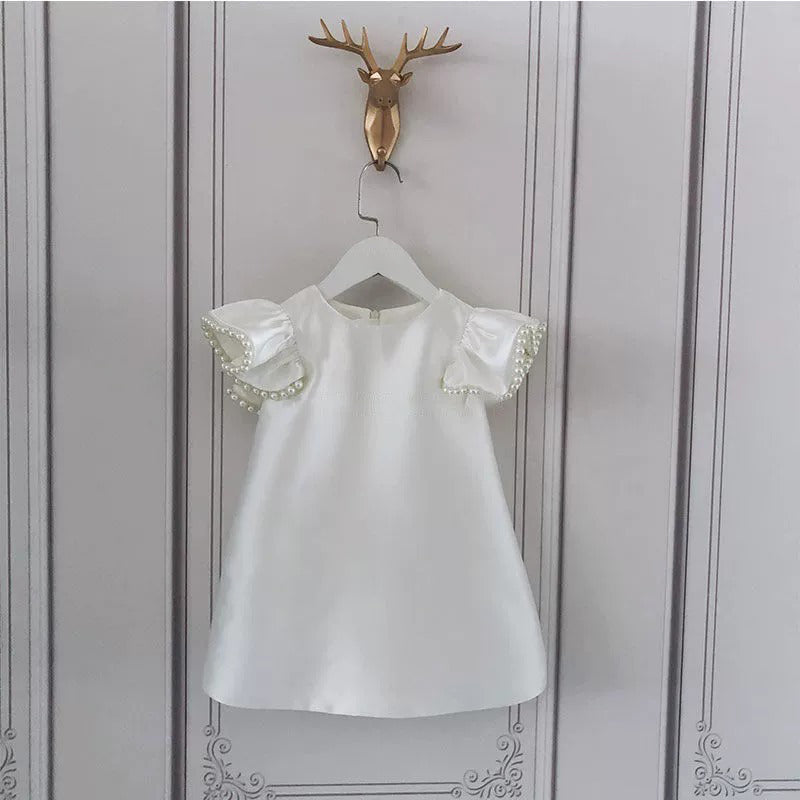 A-Line White Satin Beaded Toddler Dress – Flower Girl & Baptism Special Occasion
