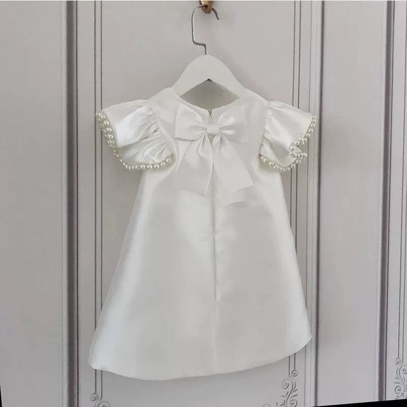 A-Line White Satin Beaded Toddler Dress – Flower Girl & Baptism Special Occasion