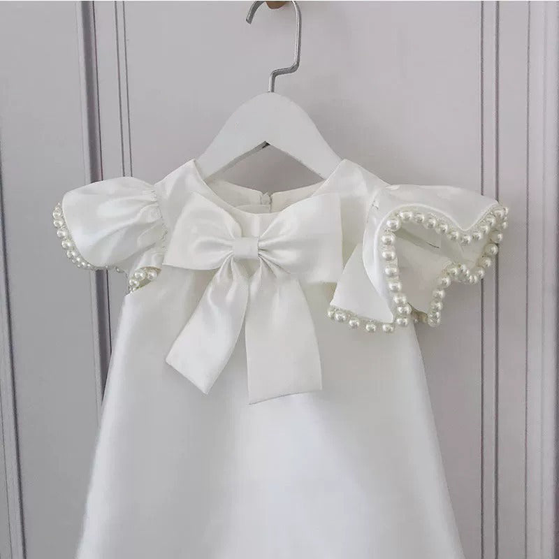 A-Line White Satin Beaded Toddler Dress – Flower Girl & Baptism Special Occasion