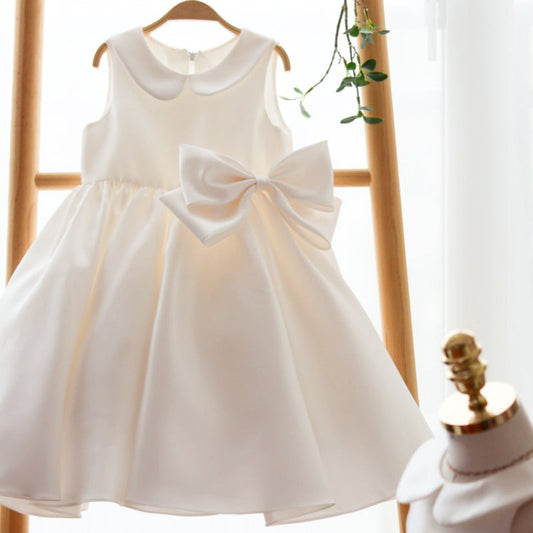 A-Line White Satin Flower Girl & Party Dress with Bow – Sleeveless, Collared for Kids