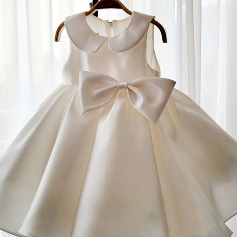 A-Line White Satin Flower Girl & Party Dress with Bow – Sleeveless, Collared for Kids