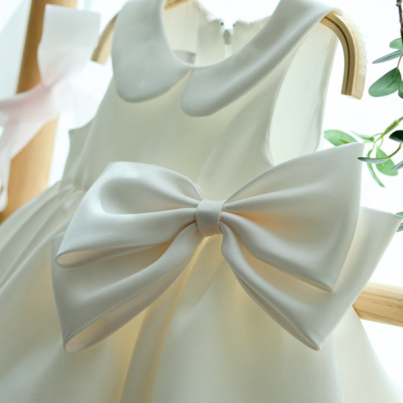 A-Line White Satin Flower Girl & Party Dress with Bow – Sleeveless, Collared for Kids
