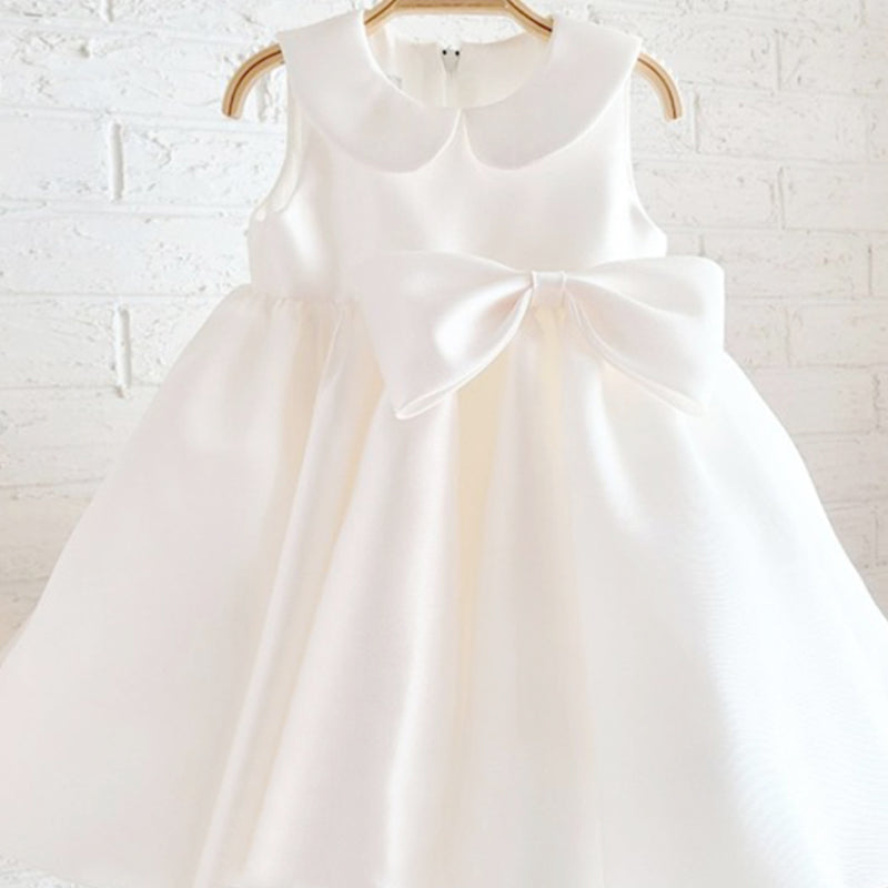 A-Line White Satin Flower Girl & Party Dress with Bow – Sleeveless, Collared for Kids