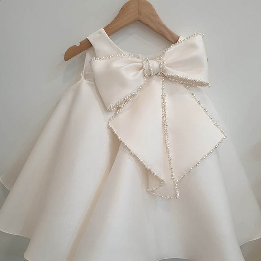A-Line Satin Flower Girl Dress for Special Occasions – Beaded Bow, Knee Length, White