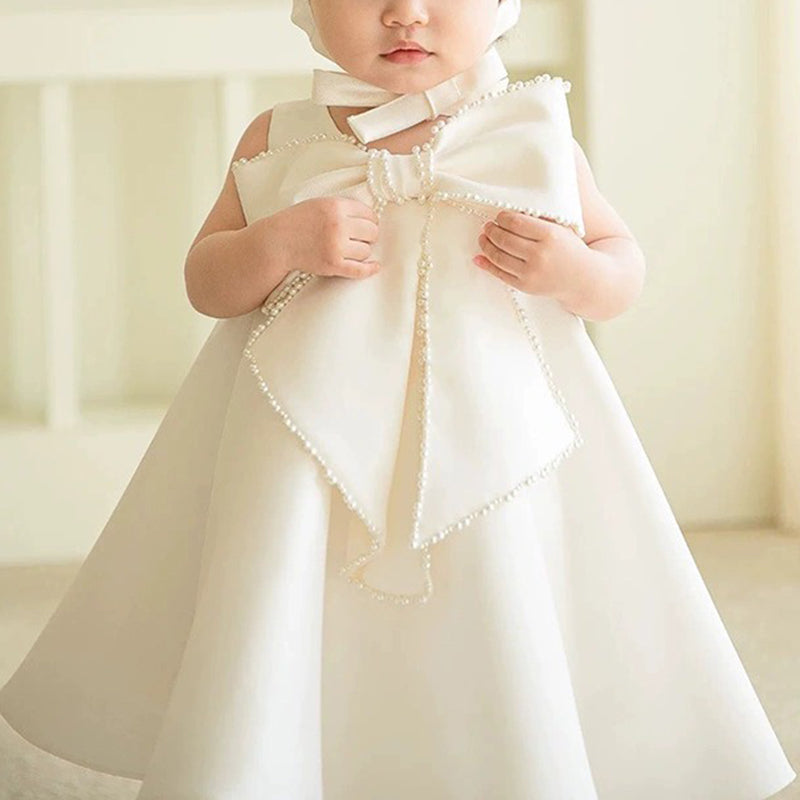 A-Line Satin Flower Girl Dress for Special Occasions – Beaded Bow, Knee Length, White