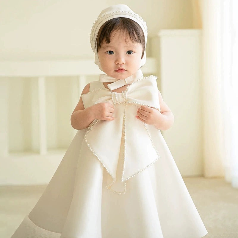 A-Line Satin Flower Girl Dress for Special Occasions – Beaded Bow, Knee Length, White