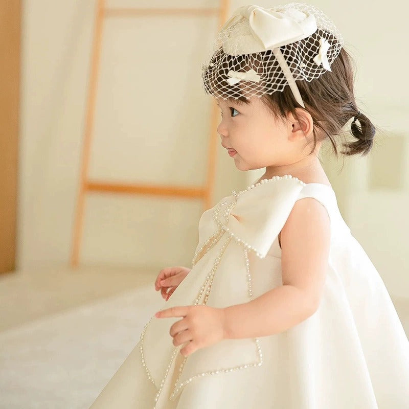 A-Line Satin Flower Girl Dress for Special Occasions – Beaded Bow, Knee Length, White