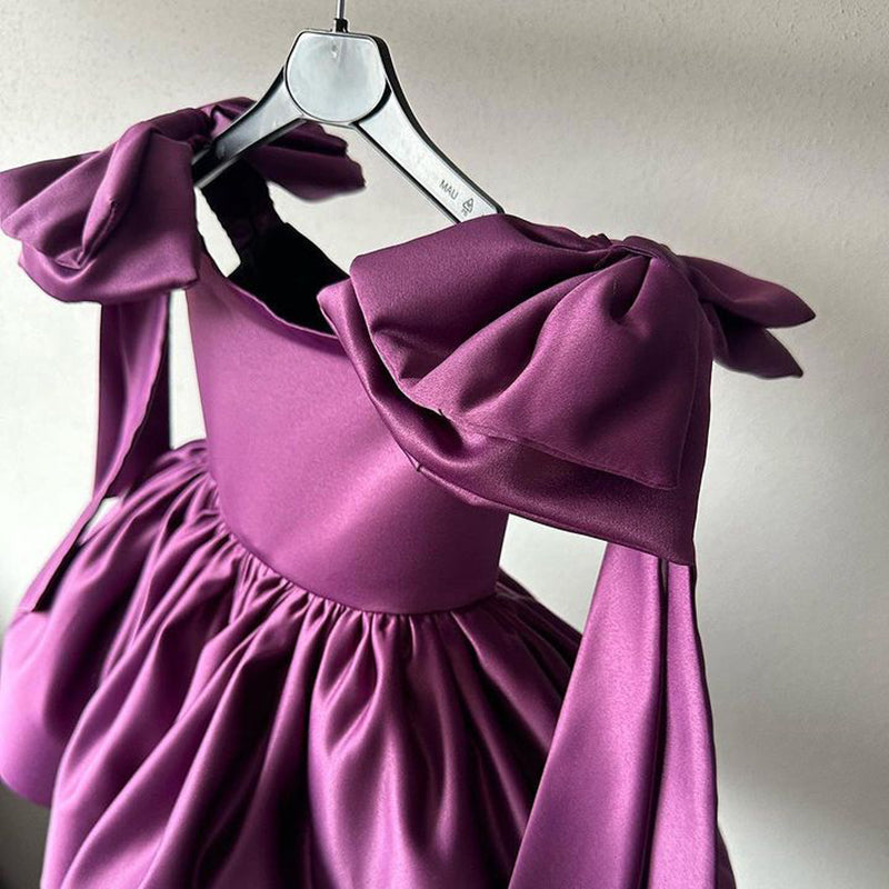 A-line Kids Satin Dress with Bow – Flower Girl & Baptism