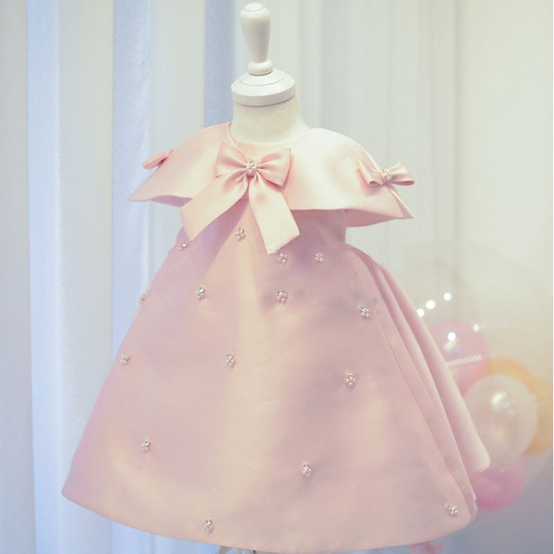 A-Line Satin Flower Girl Dress with Sequins & Pearl Bow for Birthday & Parties