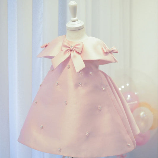 A-Line Satin Flower Girl Dress with Sequins & Pearl Bow for Birthday & Parties