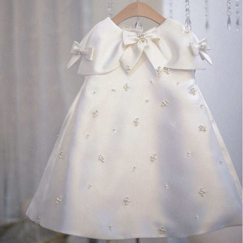 A-Line Satin Flower Girl Dress with Sequins & Pearl Bow for Birthday & Parties