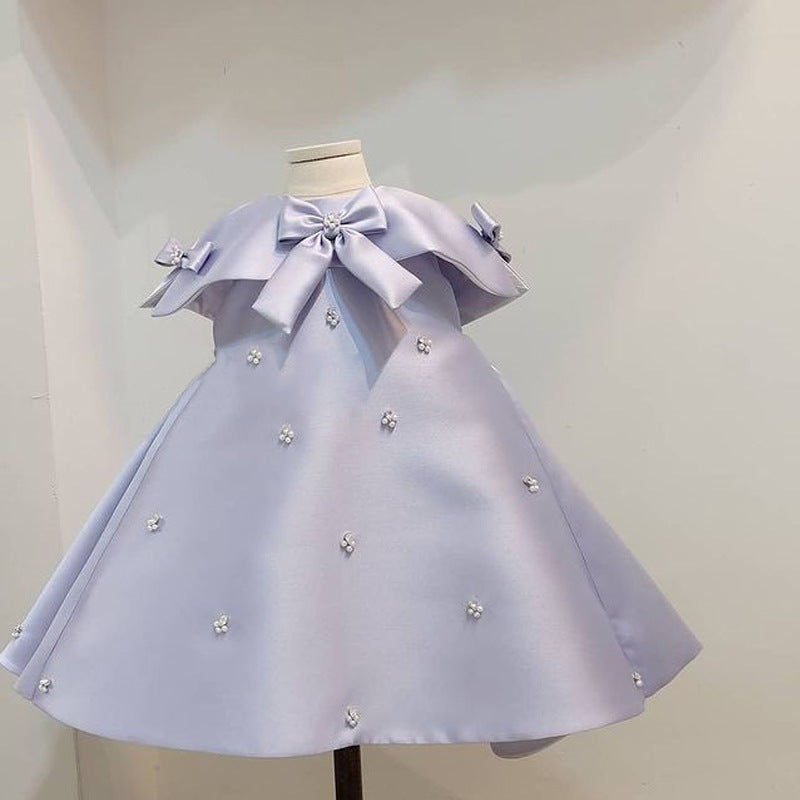 A-Line Satin Flower Girl Dress with Sequins & Pearl Bow for Birthday & Parties