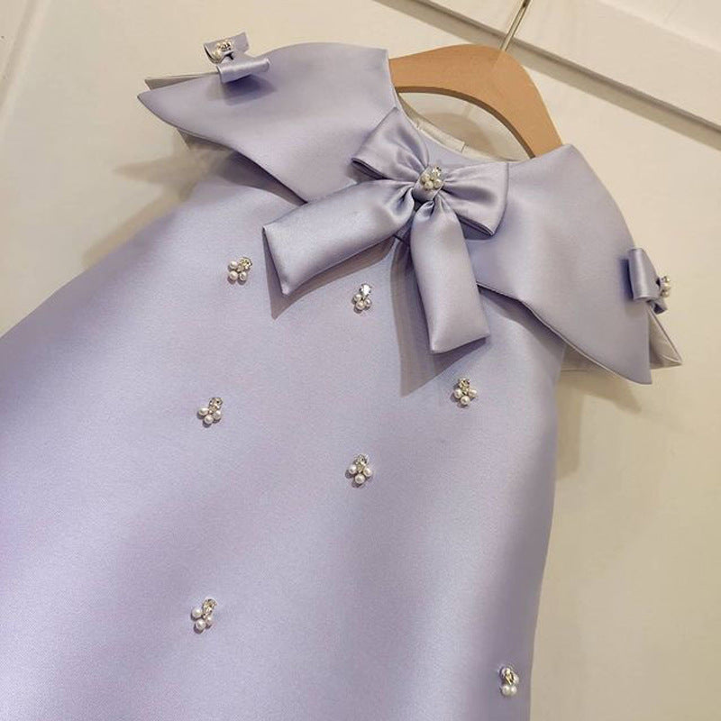 A-Line Satin Flower Girl Dress with Sequins & Pearl Bow for Birthday & Parties