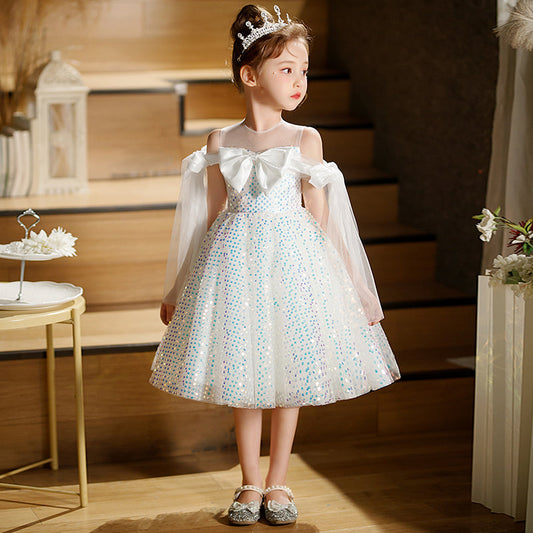 White Sequined A-Line Flower Girl Dress – Luxury Princess Birthday & Ceremony Dress for Girls