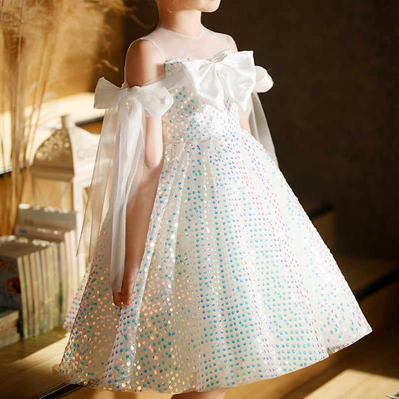 White Sequined A-Line Flower Girl Dress – Luxury Princess Birthday & Ceremony Dress for Girls