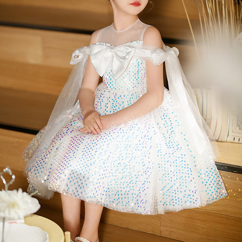 White Sequined A-Line Flower Girl Dress – Luxury Princess Birthday & Ceremony Dress for Girls