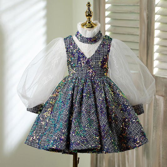 A-line Sequined Flower Girl Dress with Puff Sleeves