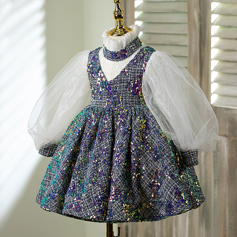 A-line Sequined Flower Girl Dress with Puff Sleeves