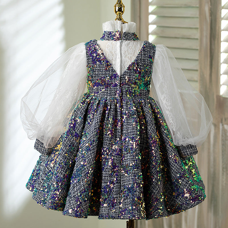 A-line Sequined Flower Girl Dress with Puff Sleeves