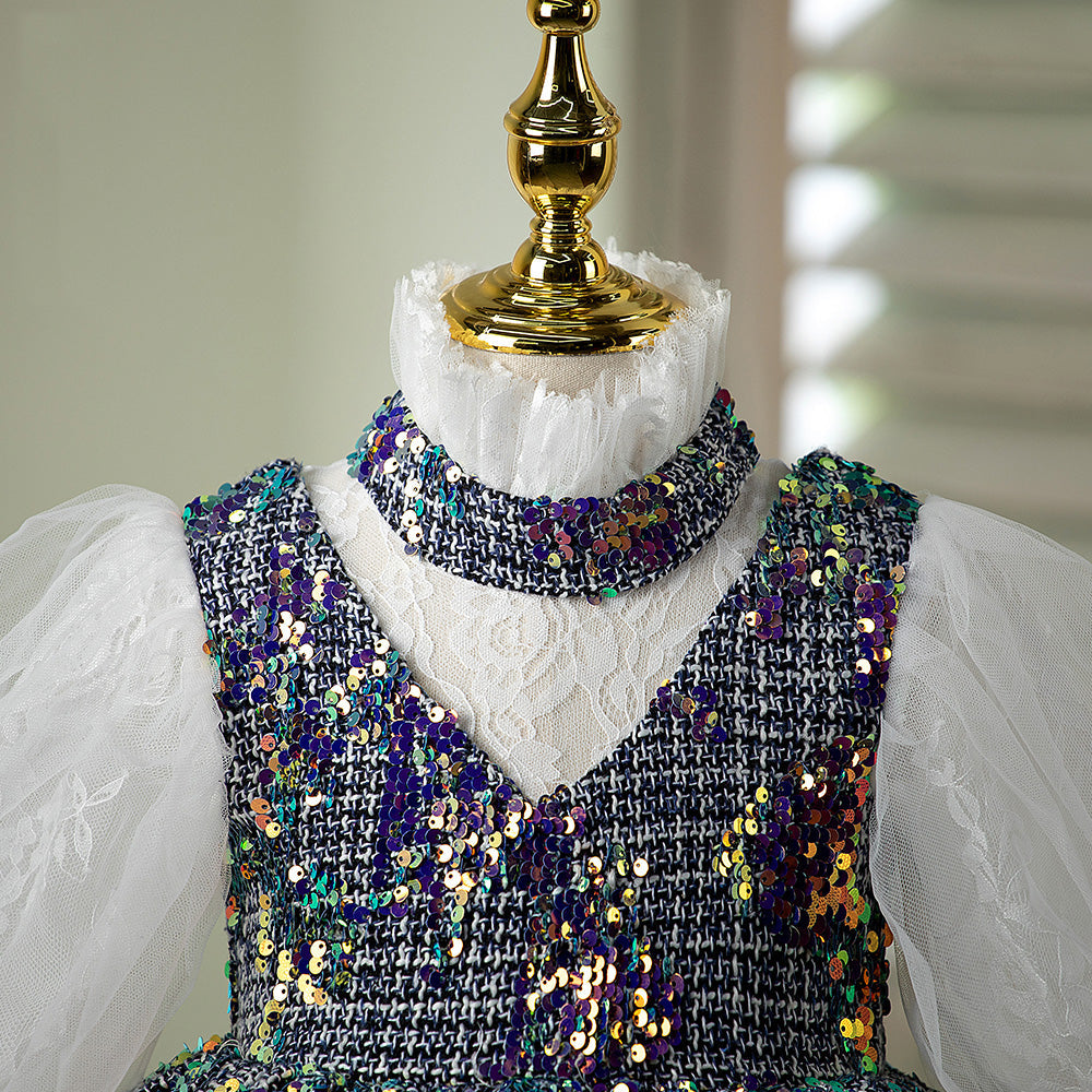 A-line Sequined Flower Girl Dress with Puff Sleeves