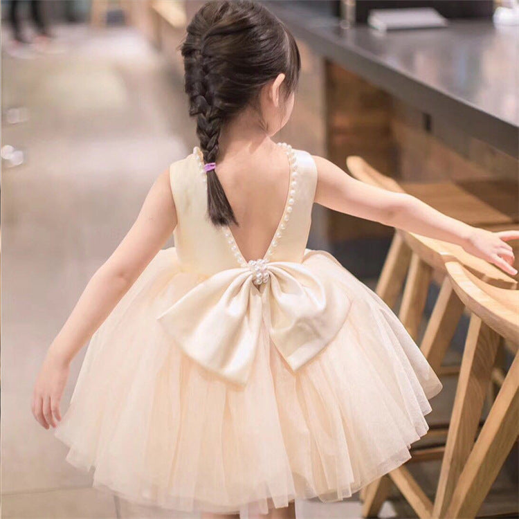 A-Line Sleeveless Satin Tulle Bow & Beaded Girl’s Party Dress | Formal Birthday & Ceremony Dress