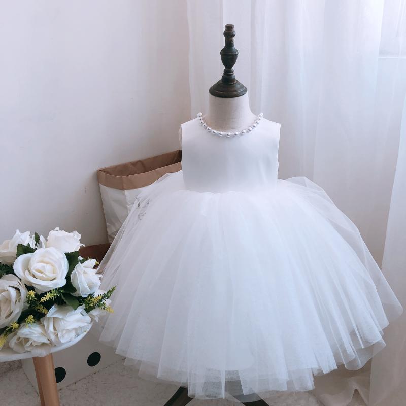 A-Line Sleeveless Satin Tulle Bow & Beaded Girl’s Party Dress | Formal Birthday & Ceremony Dress