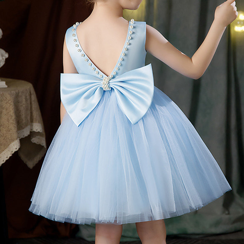 A-Line Sleeveless Satin Tulle Bow & Beaded Girl’s Party Dress | Formal Birthday & Ceremony Dress