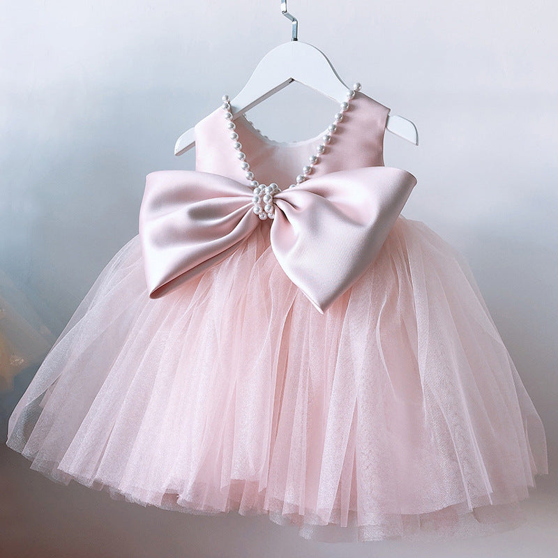 A-Line Sleeveless Satin Tulle Bow & Beaded Girl’s Party Dress | Formal Birthday & Ceremony Dress