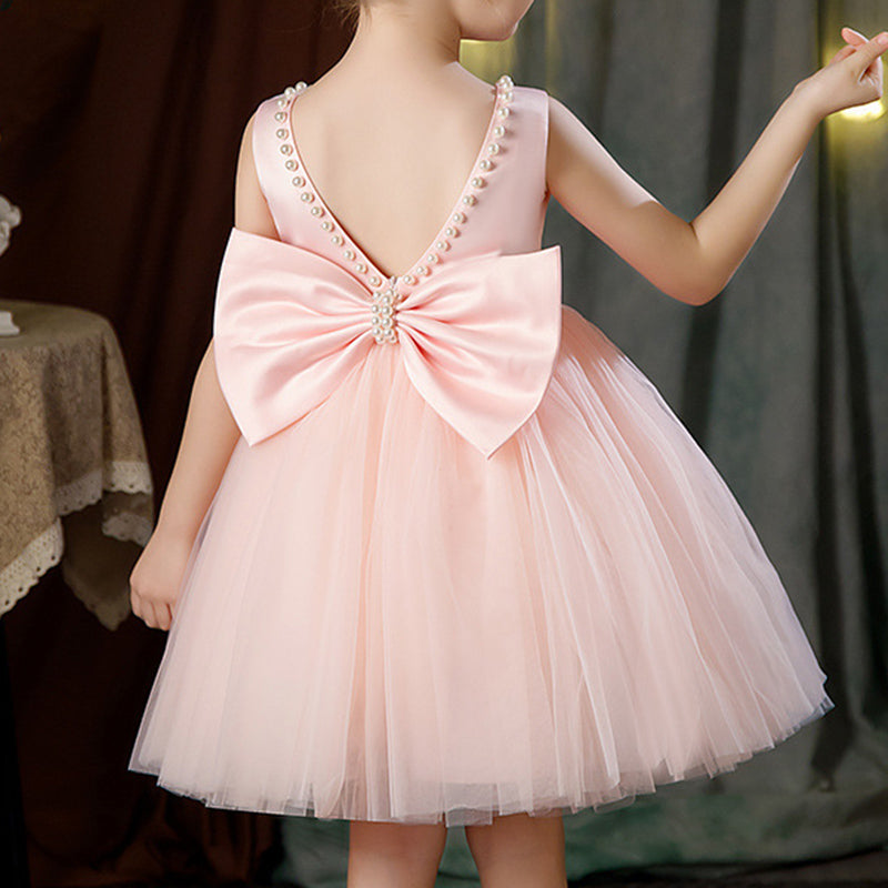 A-Line Sleeveless Satin Tulle Bow & Beaded Girl’s Party Dress | Formal Birthday & Ceremony Dress