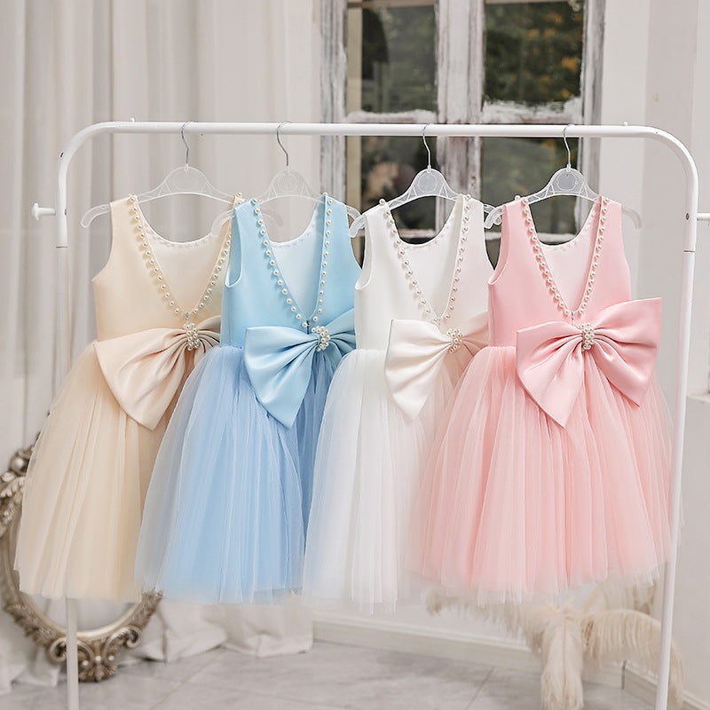 A-Line Sleeveless Satin Tulle Bow & Beaded Girl’s Party Dress | Formal Birthday & Ceremony Dress