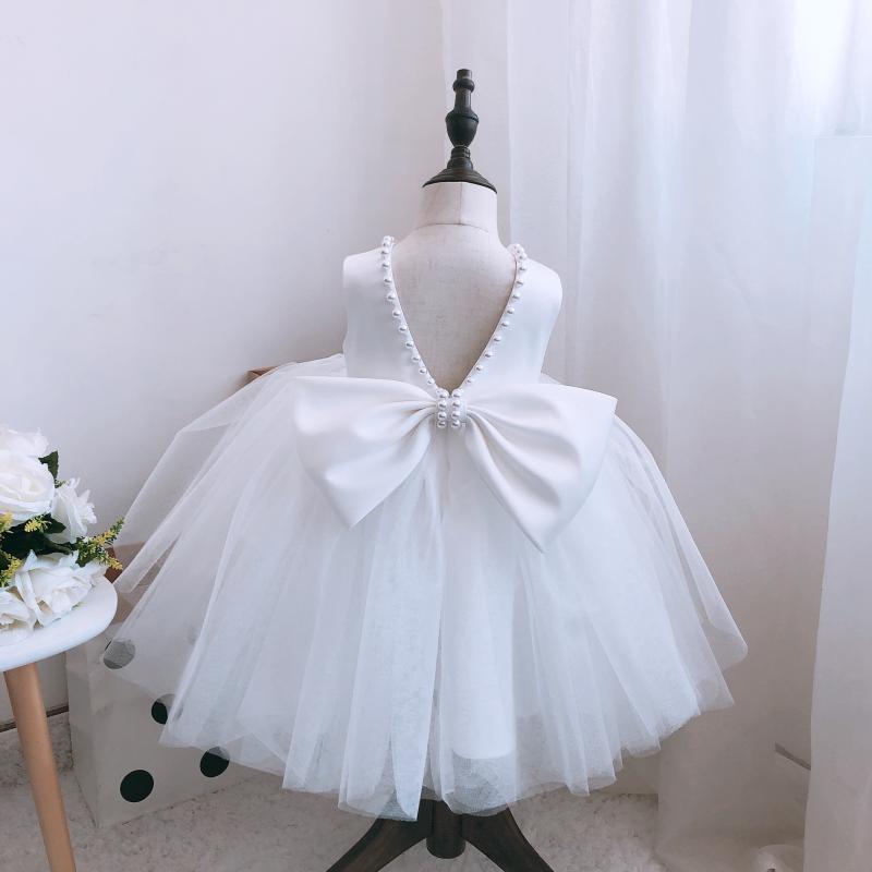 A-Line Sleeveless Satin Tulle Bow & Beaded Girl’s Party Dress | Formal Birthday & Ceremony Dress