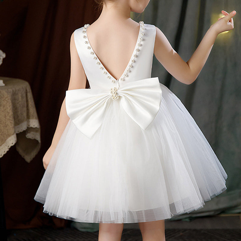 A-Line Sleeveless Satin Tulle Bow & Beaded Girl’s Party Dress | Formal Birthday & Ceremony Dress
