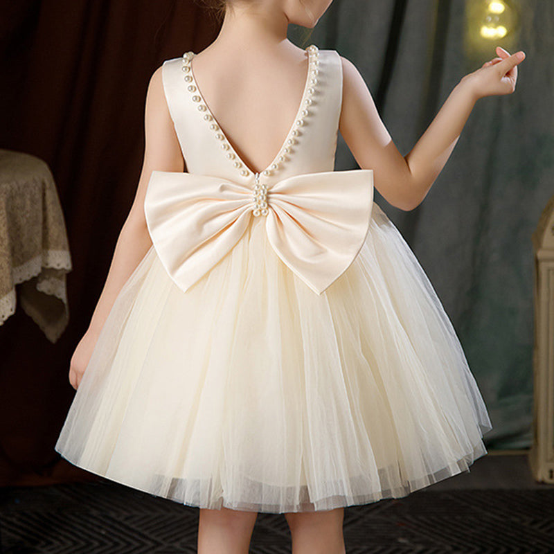 A-Line Sleeveless Satin Tulle Bow & Beaded Girl’s Party Dress | Formal Birthday & Ceremony Dress