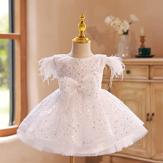 White Sequined A-Line Girl’s Dress with Fringe and Bow – Special Occasion Outfit