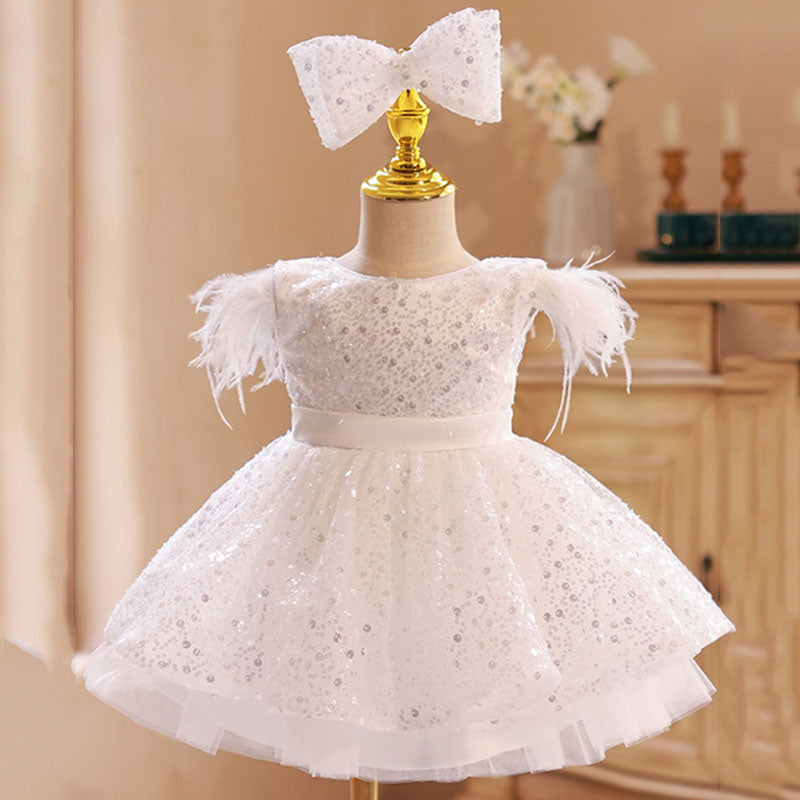 White Sequined A-Line Girl’s Dress with Fringe and Bow – Special Occasion Outfit