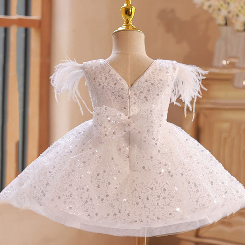 White Sequined A-Line Girl’s Dress with Fringe and Bow – Special Occasion Outfit
