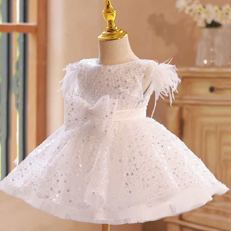 White Sequined A-Line Girl’s Dress with Fringe and Bow – Special Occasion Outfit