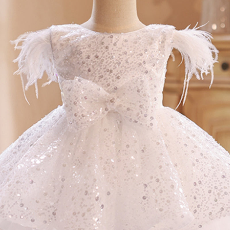 White Sequined A-Line Girl’s Dress with Fringe and Bow – Special Occasion Outfit