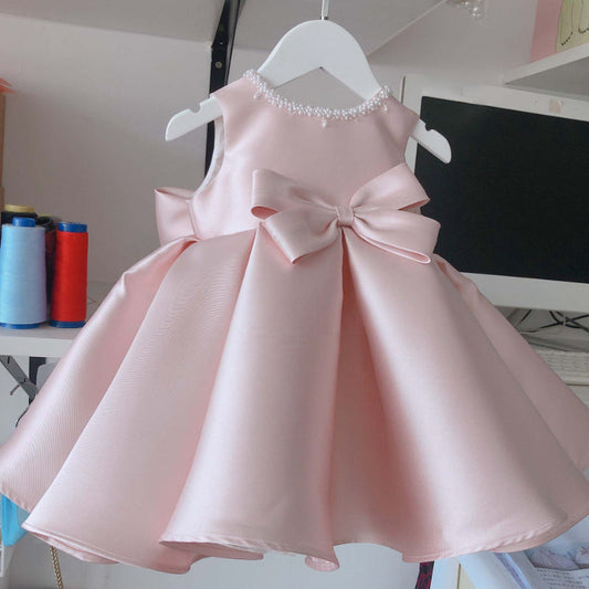 Pink Satin A-Line Flower Girl Dress – Beaded Bow Sleeveless Kids Party Gown