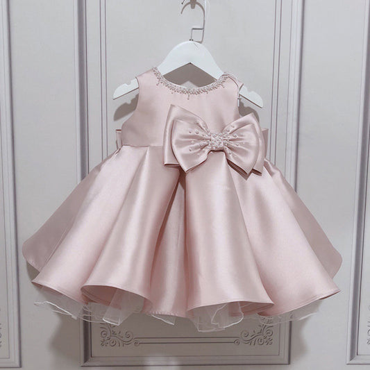 A-Line Pink Satin Flower Girl Dress with Bow | Sleeveless Cute Birthday Party Dress for Girls